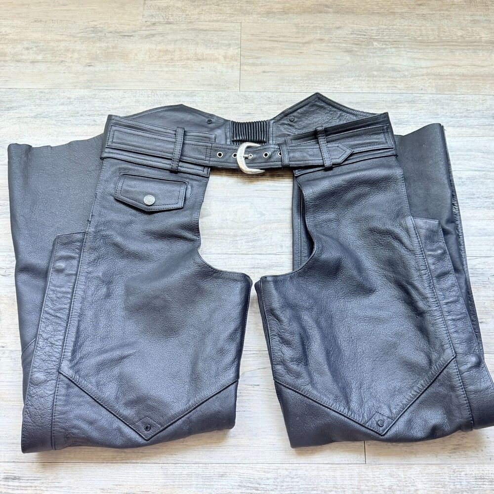 Vintage Harley-Davidson Men's Black Leather Motorcycle Chaps Heavy Duty Size M